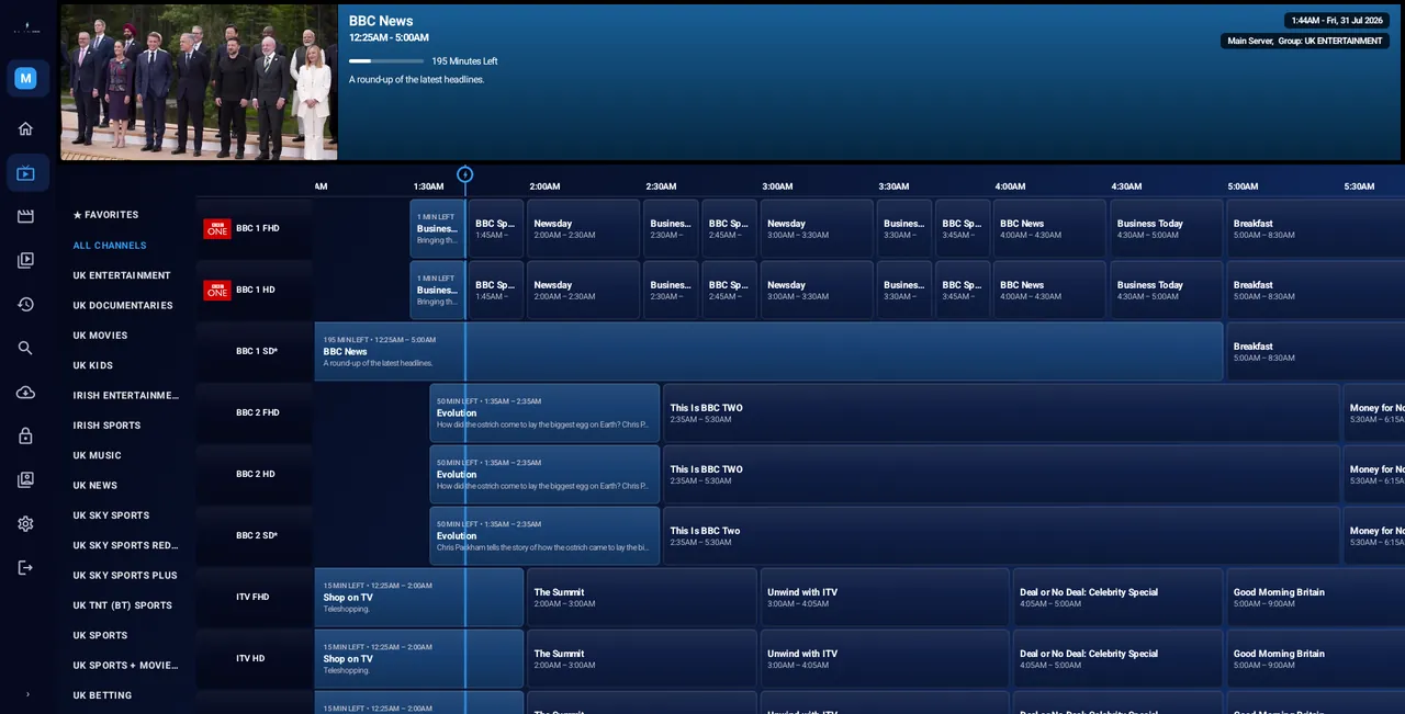 GoVue live TV guide showing 24 hours of programme data with a live preview pane