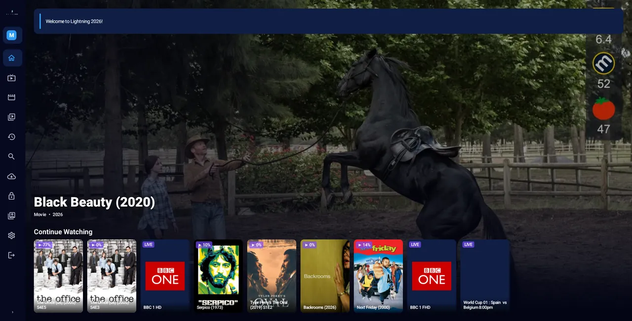 GoVue app home screen on a TV: a full-width hero image with rating badges and a Continue Watching row of posters