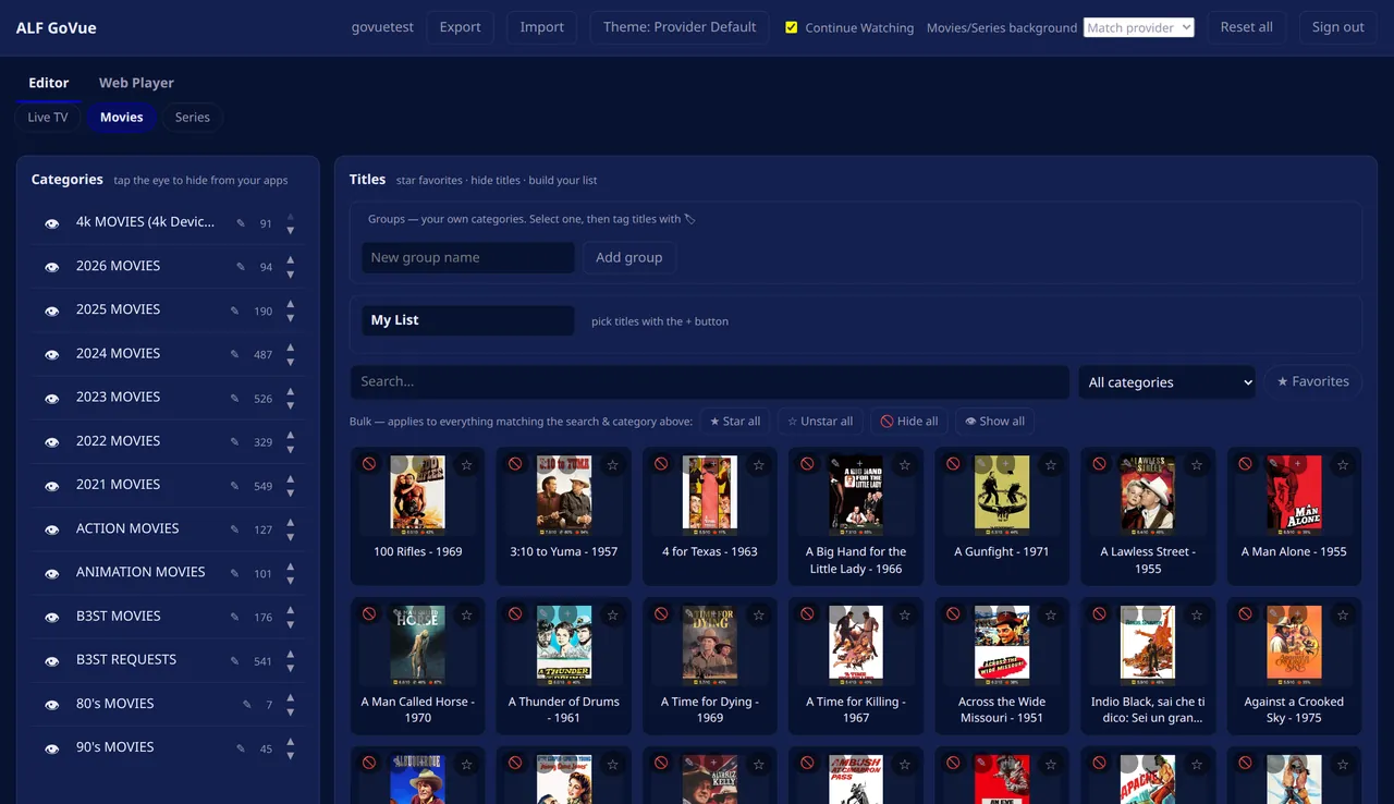 GoVue subscriber portal editor: a category list with hide and reorder controls and a channel grid with favourites